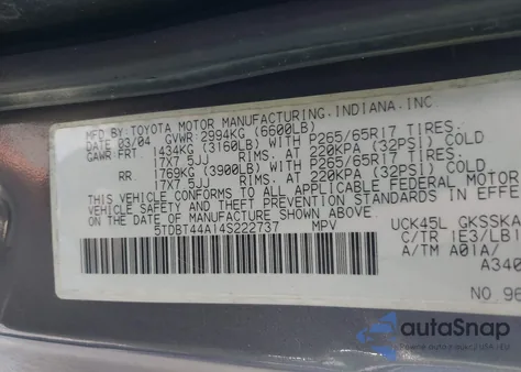 2004 Toyota Sequoia Sr5 V8 из США, поврежденный, VIN 5TDBT44A14S222737